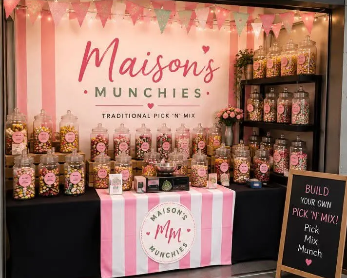 Pink sweet shop counter lined with glass jars of colourful sweets